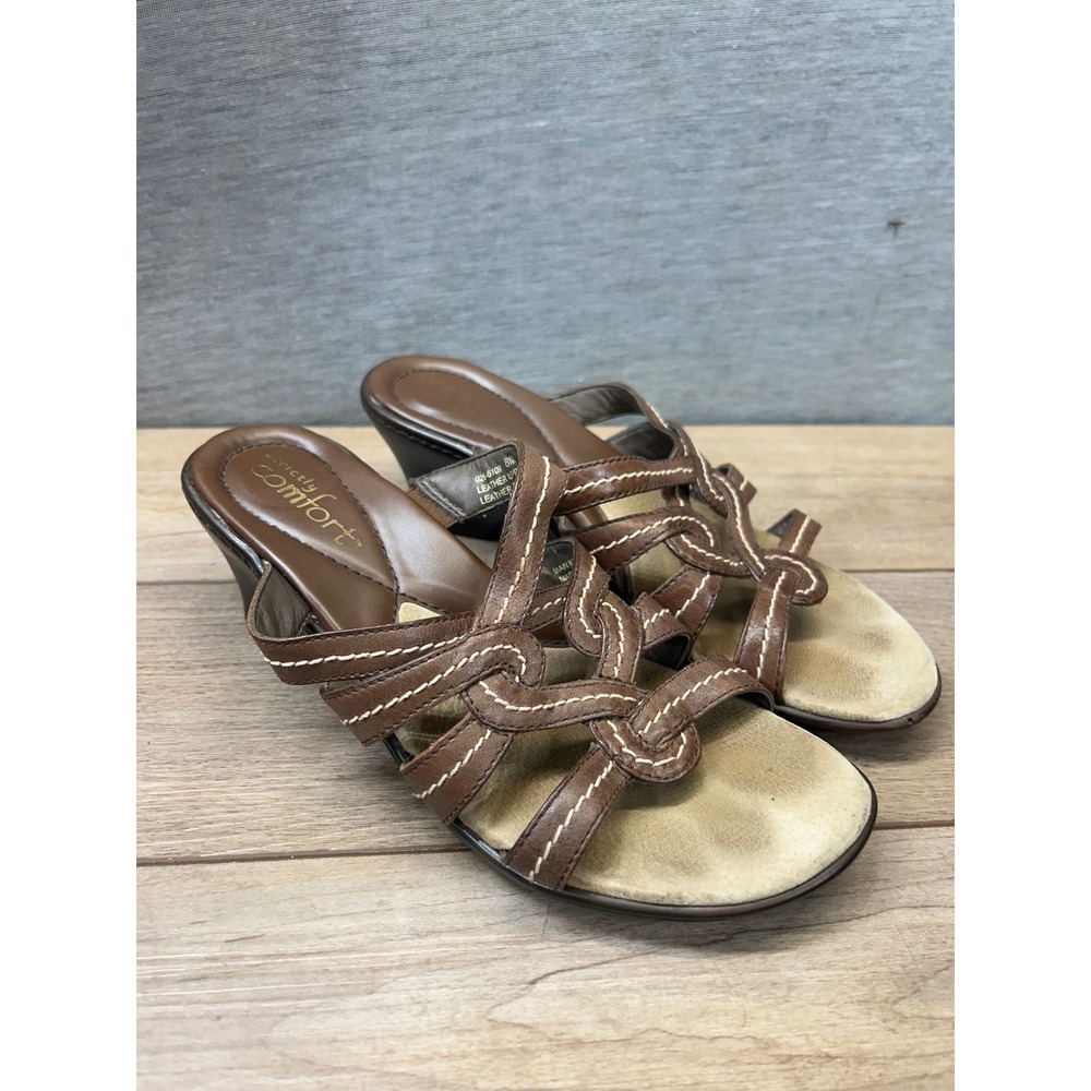 Strictly Comfort Womens Brown Leather Strappy Wedge Slide Sandals 8M 026-6109